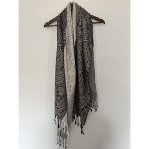Cashmere Silk Women’s Scarf Black Cream Fringe 68” X 27”‎ Neutral Earth Tones